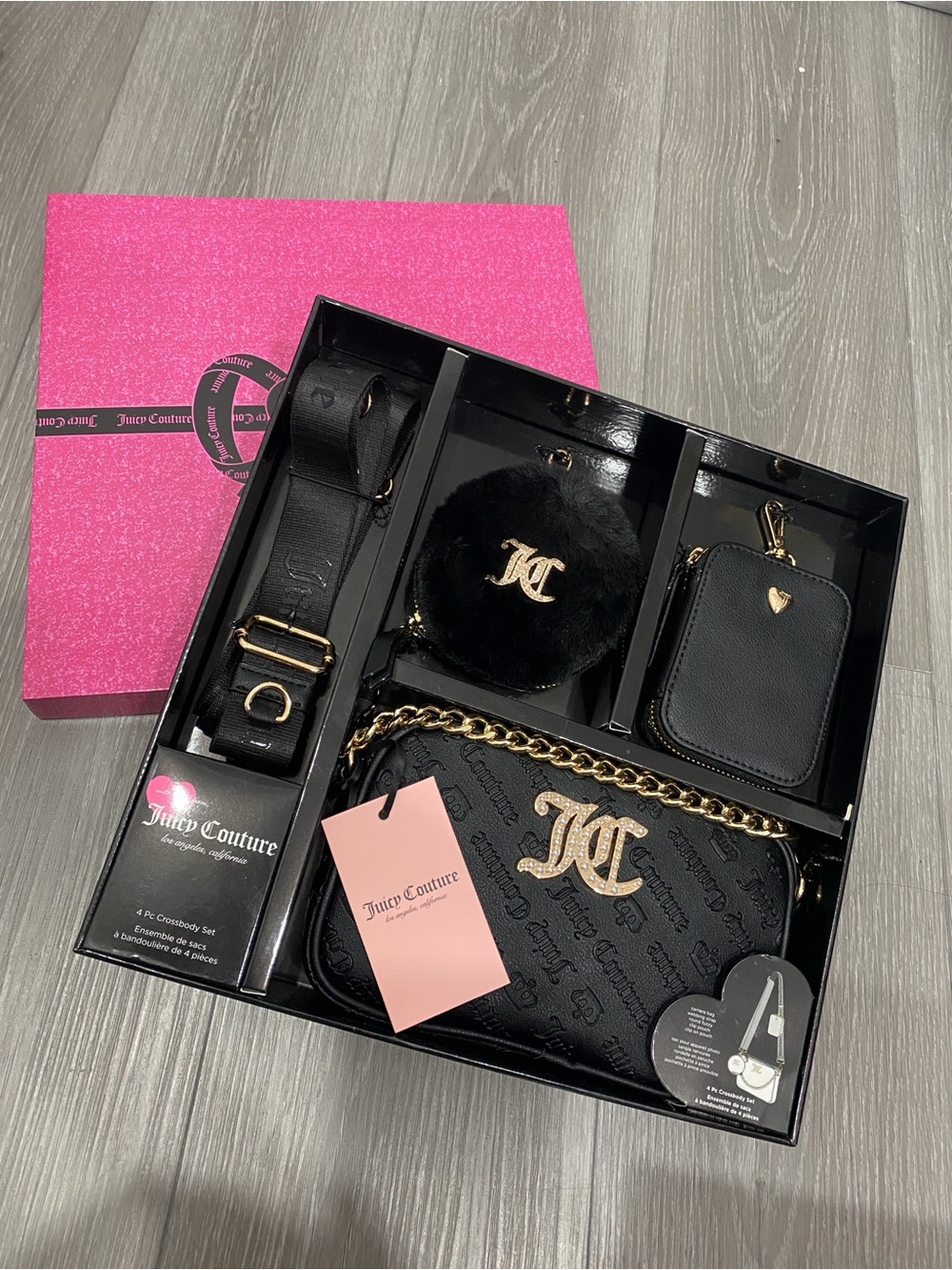Juicy Couture Black and Gold Logo Crossbody Set with Chain Strap